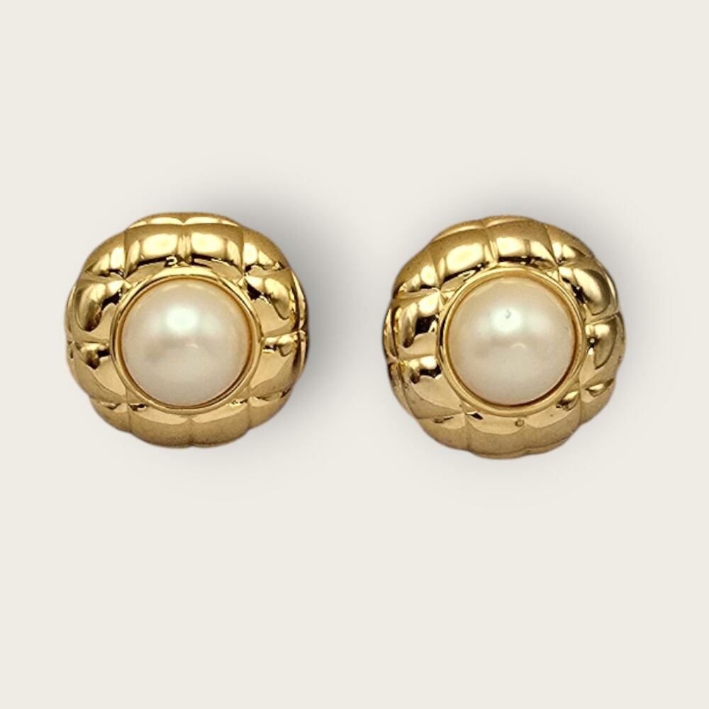 Gold Quilted Dome Pearl Clip On Earrings Button Style Classic Timeless Chic